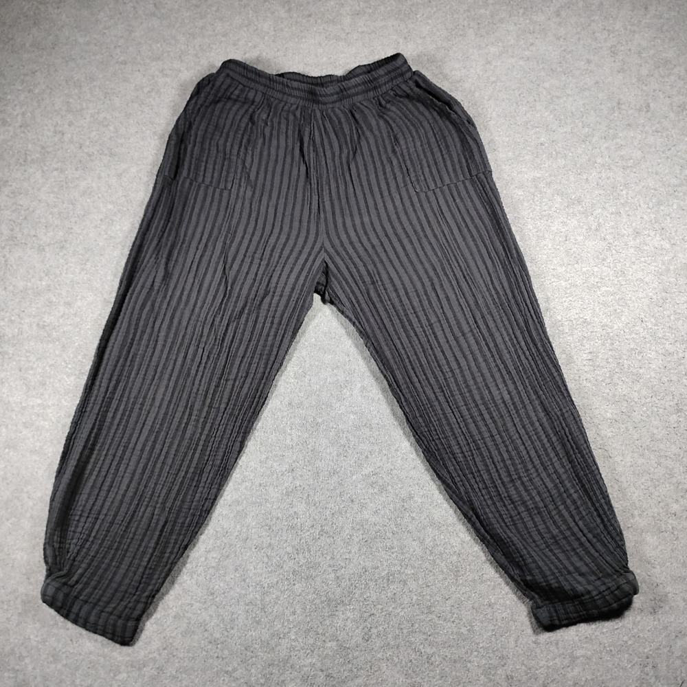 Curator SF Women Black Textured Vertical Striped Gauze Elastic Waist Pants Large